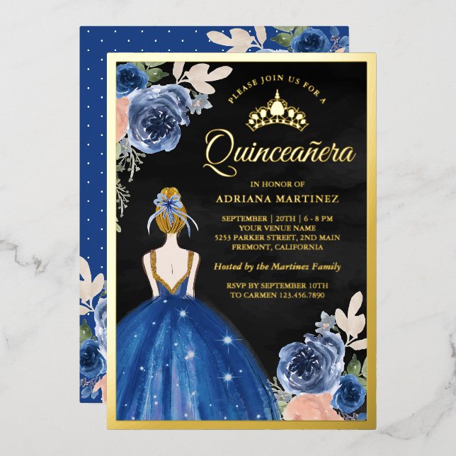 Royal Blue Floral Dress Black Quinceanera Gold Folieneinladung (Vorderseite/Rückseite)