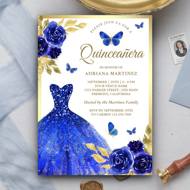 Royal Blue Floral Dress Butterfly Gold Quinceanera Einladung (Von Creator hochgeladen)