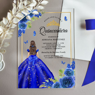 Royal Blue Floral Dress Butterfly Quinceanera Acryleinladungen