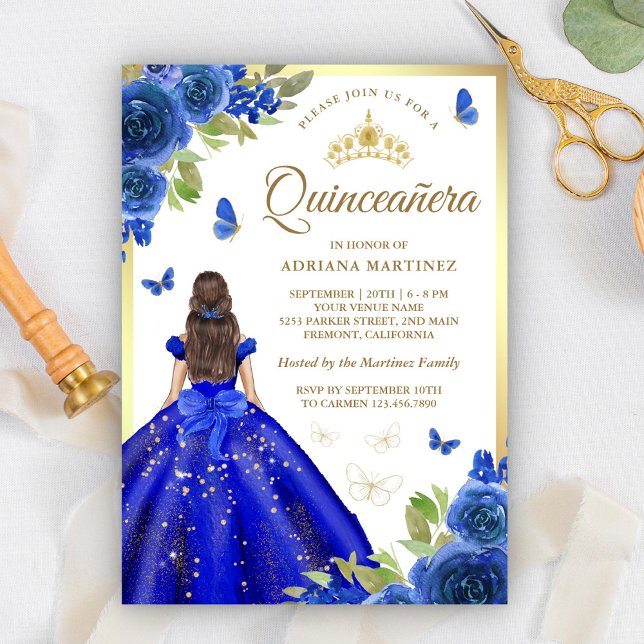 Royal Blue Floral Dress Butterfly Quinceanera Einladung (Von Creator hochgeladen)