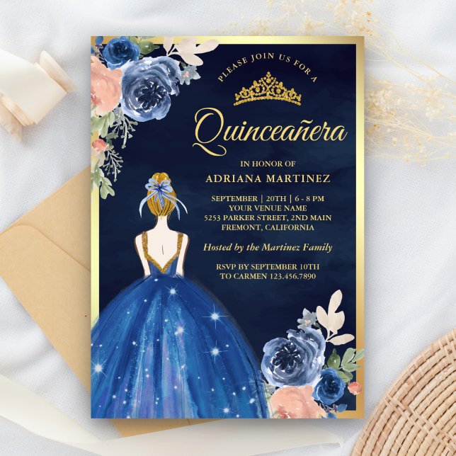 Royal Blue Floral Dress Navy Gold Quinceanera Einladung (Von Creator hochgeladen)