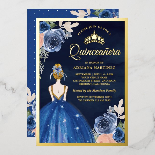 Royal Blue Floral Dress Navy Quinceanera Gold Folieneinladung (Vorderseite/Rückseite)