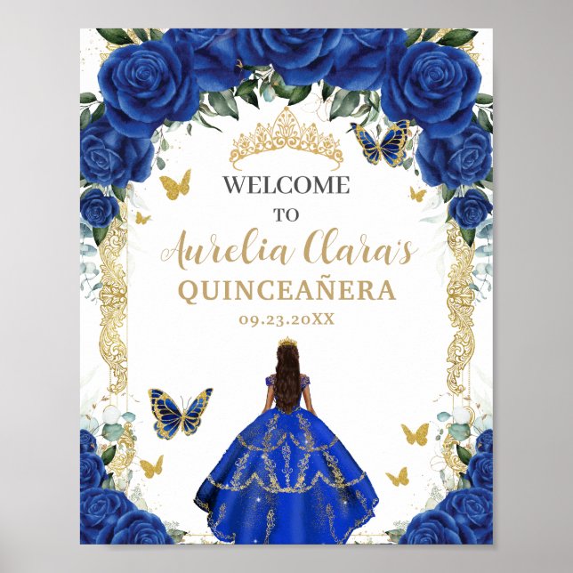 Royal Blue Floral Dress Quinceañera Vintag Gold Poster (Vorne)