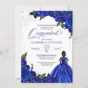 Royal Blue Floral Elegante Afrolatina Quinceanera  Einladung