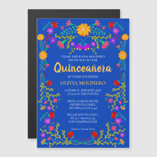 Royal Blue Floral Folk Art Mexican Quinceanera Magneteinladung