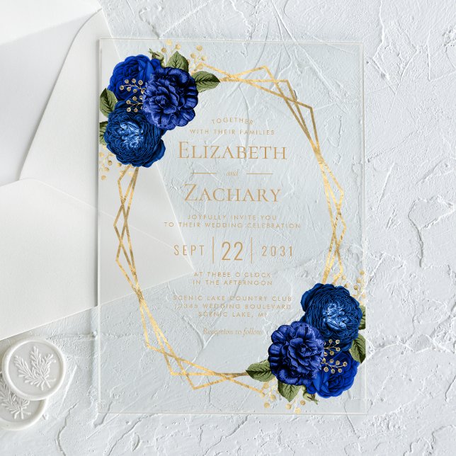 Royal Blue Floral Gold Geometric Wedding Acryleinladungen (Von Creator hochgeladen)