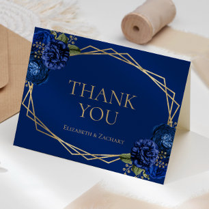 Royal Blue Floral Gold Geometric Wedding Dankeskarte
