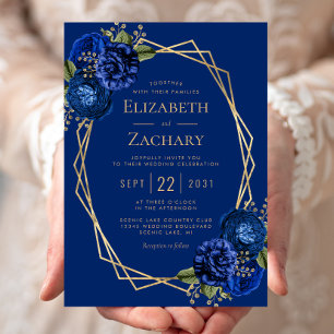 Royal Blue Floral Gold Geometric Wedding Einladung