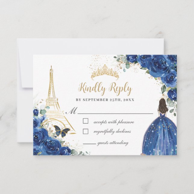 Royal Blue Floral Gold Paris Princess Quinceañera RSVP Karte (Vorderseite)