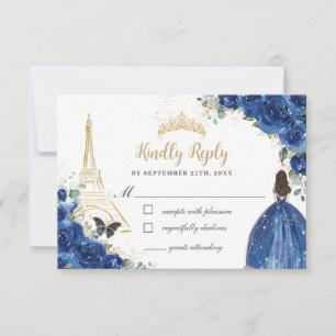Royal Blue Floral Gold Paris Princess Quinceañera RSVP Karte