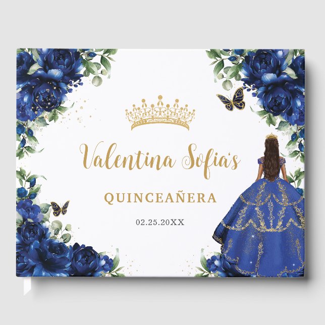 Royal Blue Floral Gold Princess Dress Quinceanera Gästebuch (Vorderseite)