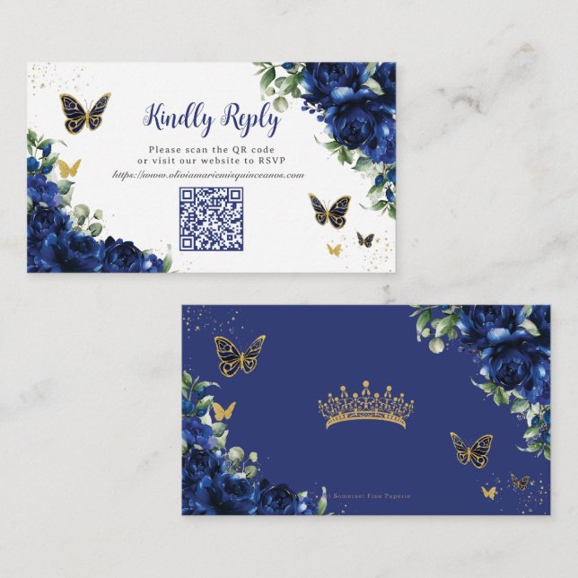 Royal Blue Floral Gold Quinceañera 16 QR Code UAWG Begleitkarte (Vorne/Hinten)