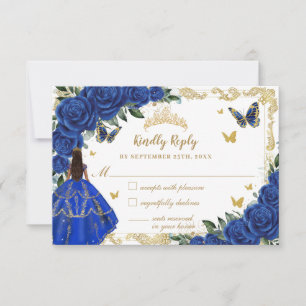 Royal Blue Floral Gold Quinceñera Brown Princess RSVP Karte