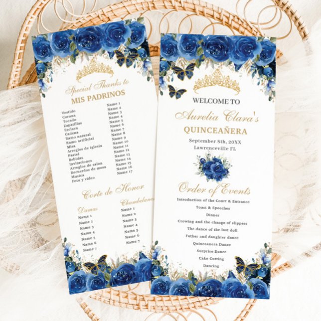 Royal Blue Floral Gold Quinceñera Orden der Verans Programm (Von Creator hochgeladen)