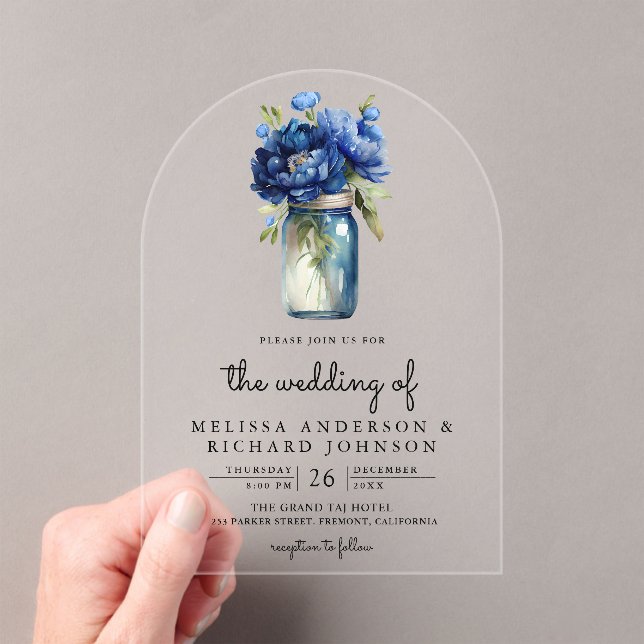 Royal Blue Floral Mason Jar Wedding Acryleinladungen (Insitu (Handheld))