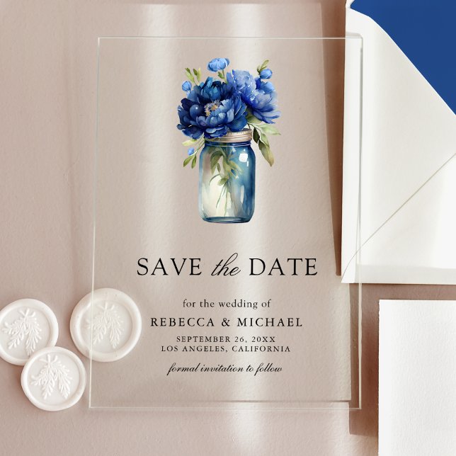 Royal Blue Floral Mason Jar Wedding Save the Date Acryleinladungen (Von Creator hochgeladen)