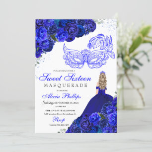 Royal Blue Floral Masquerade Sweet 16 Einladung
