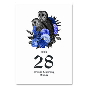 Royal Blue Floral Owls Gothic Wedding Tischnummer