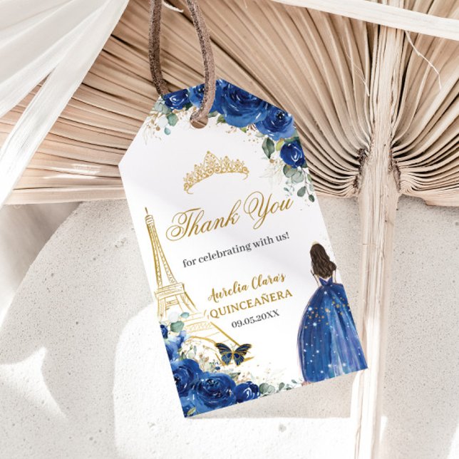 Royal Blue Floral Paris Gold Quinceañera Birthday Geschenkanhänger (Von Creator hochgeladen)