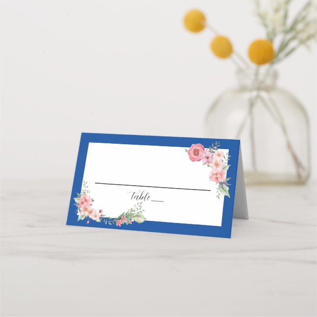 Royal Blue Floral Platzkarte (Vorderseite)