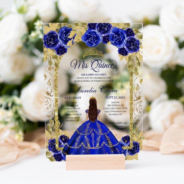 Royal Blue Floral Princess Gold Arch Quinceanera Acryleinladungen (Von Creator hochgeladen)