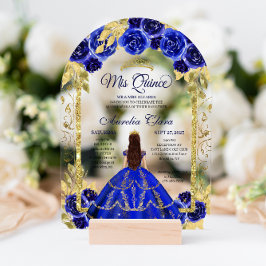 Royal Blue Floral Princess Gold Arch Quinceanera Acryleinladungen