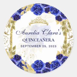 Royal Blue Floral Princess Gold Arch Quinceanera Runder Aufkleber