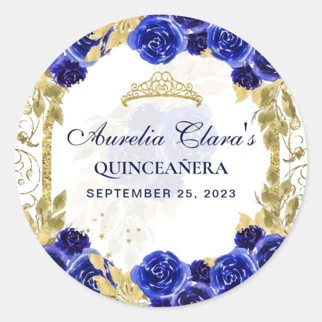 Royal Blue Floral Princess Gold Arch Quinceanera Runder Aufkleber (Vorderseite)