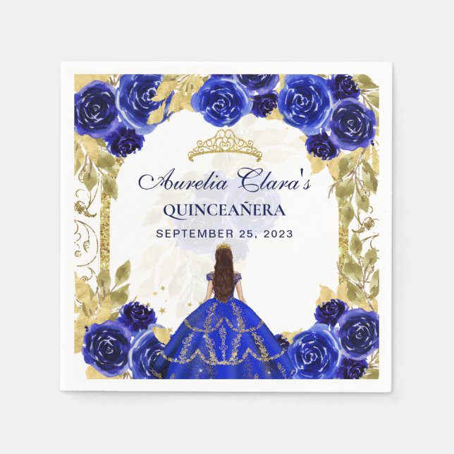 Royal Blue Floral Princess Gold Arch Quinceanera Serviette (Vorderseite)