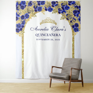 Royal Blue Floral Princess Gold Arch Quinceanera Wandteppich