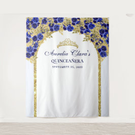 Royal Blue Floral Princess Gold Arch Quinceanera Wandteppich