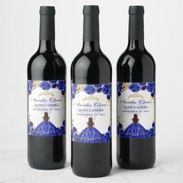 Royal Blue Floral Princess Gold Arch Quinceanera Weinetikett (Flaschen)