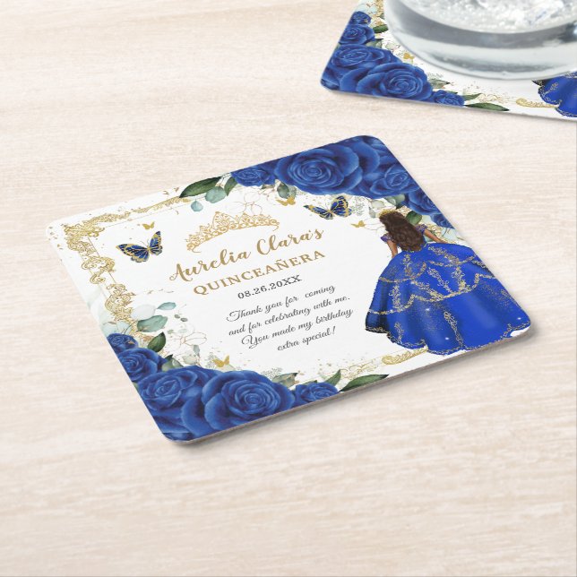 Royal Blue Floral Princess Gold Quinceañera 15 Rechteckiger Pappuntersetzer (angewinkelt)