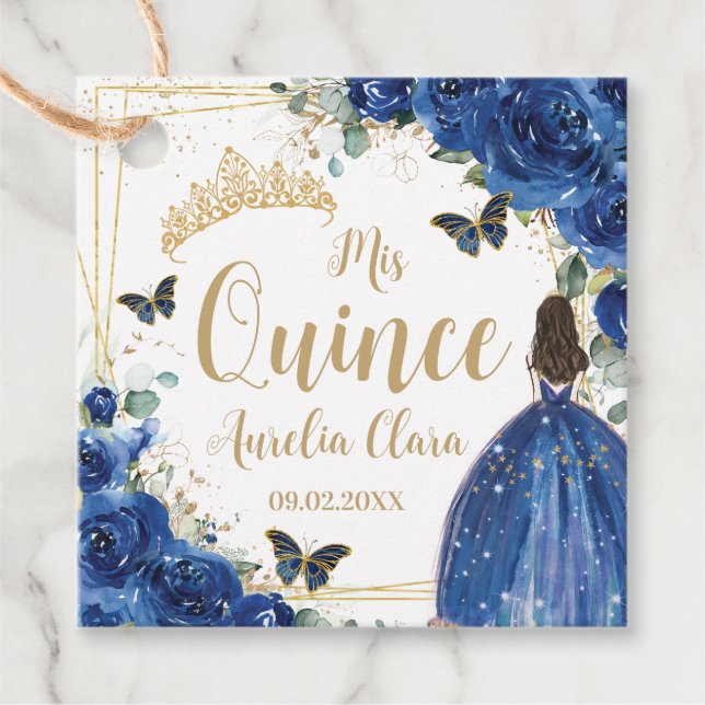 Royal Blue Floral Princess Gold Quinceañera Quince Geschenkanhänger (Vorderseite)