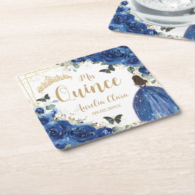 Royal Blue Floral Princess Gold Quinceñera 16 15 Rechteckiger Pappuntersetzer (angewinkelt)