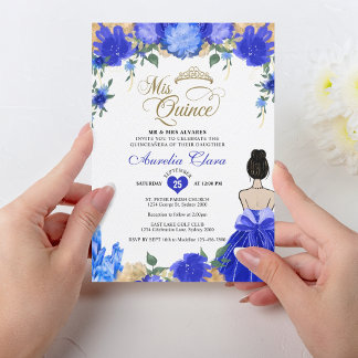 Royal Blue Floral Princess Mis Quince Quinceañera Einladung