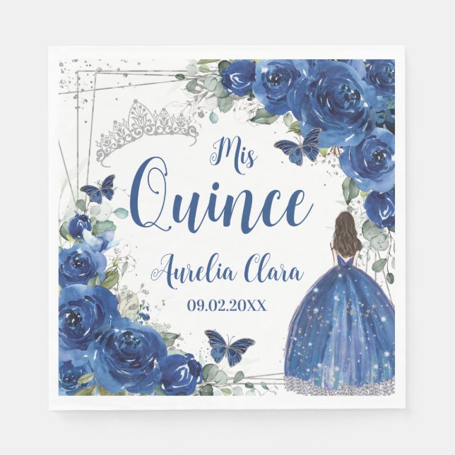Royal Blue Floral Princess Silver Quinceañera Serviette (Vorderseite)
