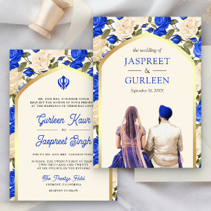 Royal Blue Floral Punjabi Anand Karaj Sikh Wedding Einladung