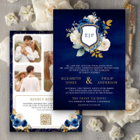 Royal Blue Floral QR Code Foto Wappen Wedding