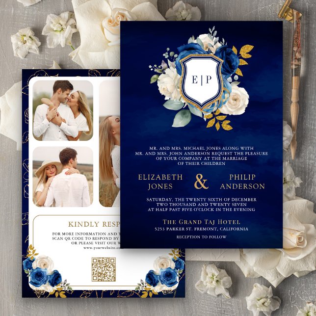 Royal Blue Floral QR Code Foto Wappen Wedding Einladung (Von Creator hochgeladen)