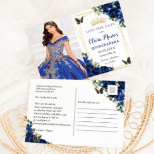 Royal Blue Floral Quinceañera Butterflies Picture Ankündigungspostkarte