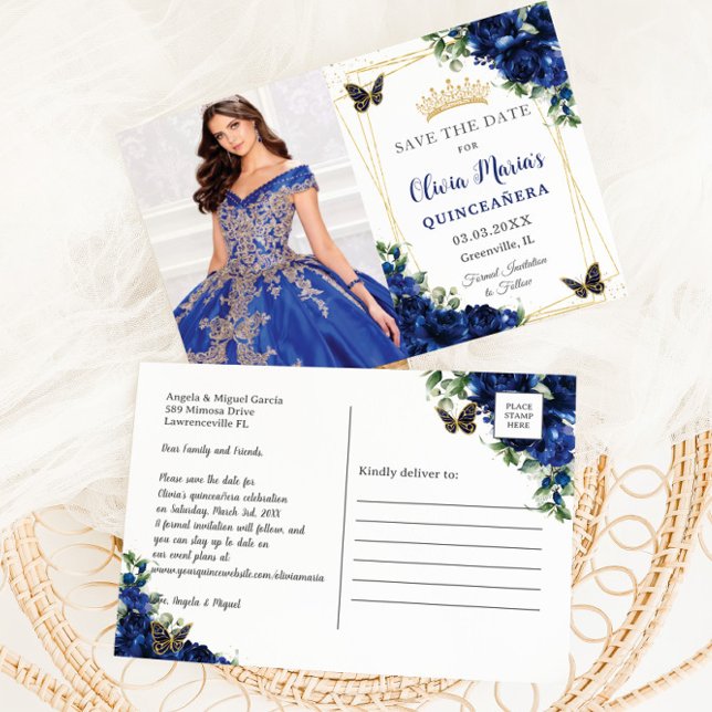 Royal Blue Floral Quinceañera Butterflies Picture Ankündigungspostkarte (Von Creator hochgeladen)