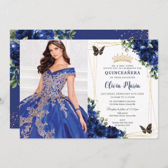 Royal Blue Floral Quinceañera Butterflies Picture Einladung (Vorne/Hinten)