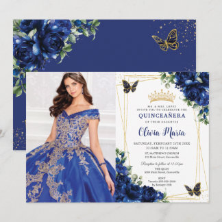 Royal Blue Floral Quinceañera Butterflies Picture Einladung
