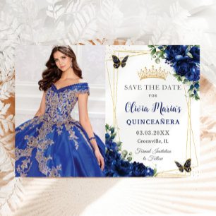 Royal Blue Floral Quinceañera Butterflies Picture Save The Date