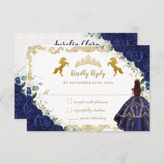 Royal Blue Floral Quinceañera Charro Gold Pferde RSVP Karte (Vorne/Hinten)