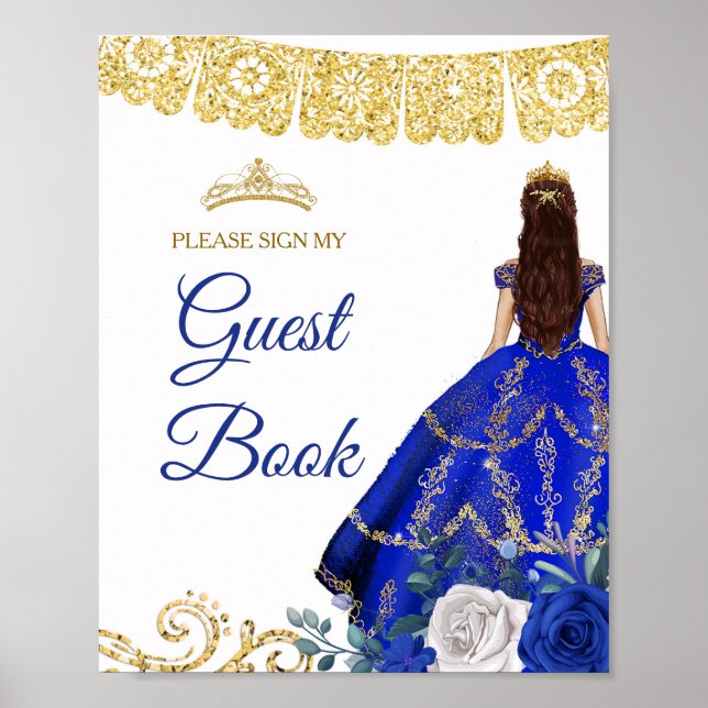 Royal Blue Floral Quinceañera Gästebuch (Vorne)