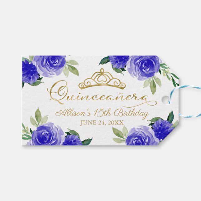 Royal Blue Floral Quinceanera Geschenkanhänger (Vorderseite (Horizontal))