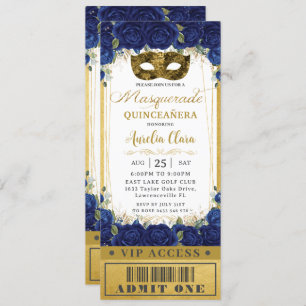 Royal Blue Floral Quinceañera Masquerade Ticket Einladung