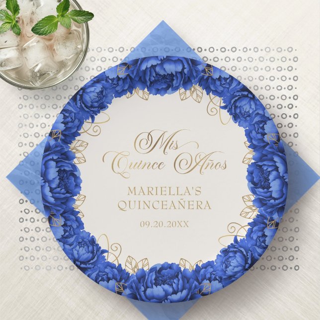 Royal Blue Floral Quinceanera Pappteller (Von Creator hochgeladen)